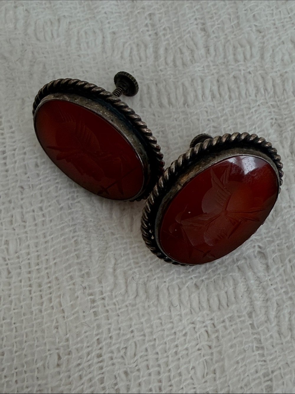 Vintage Mid-Century Sterling Silver Red Glass Intaglio Screw Back Earrings